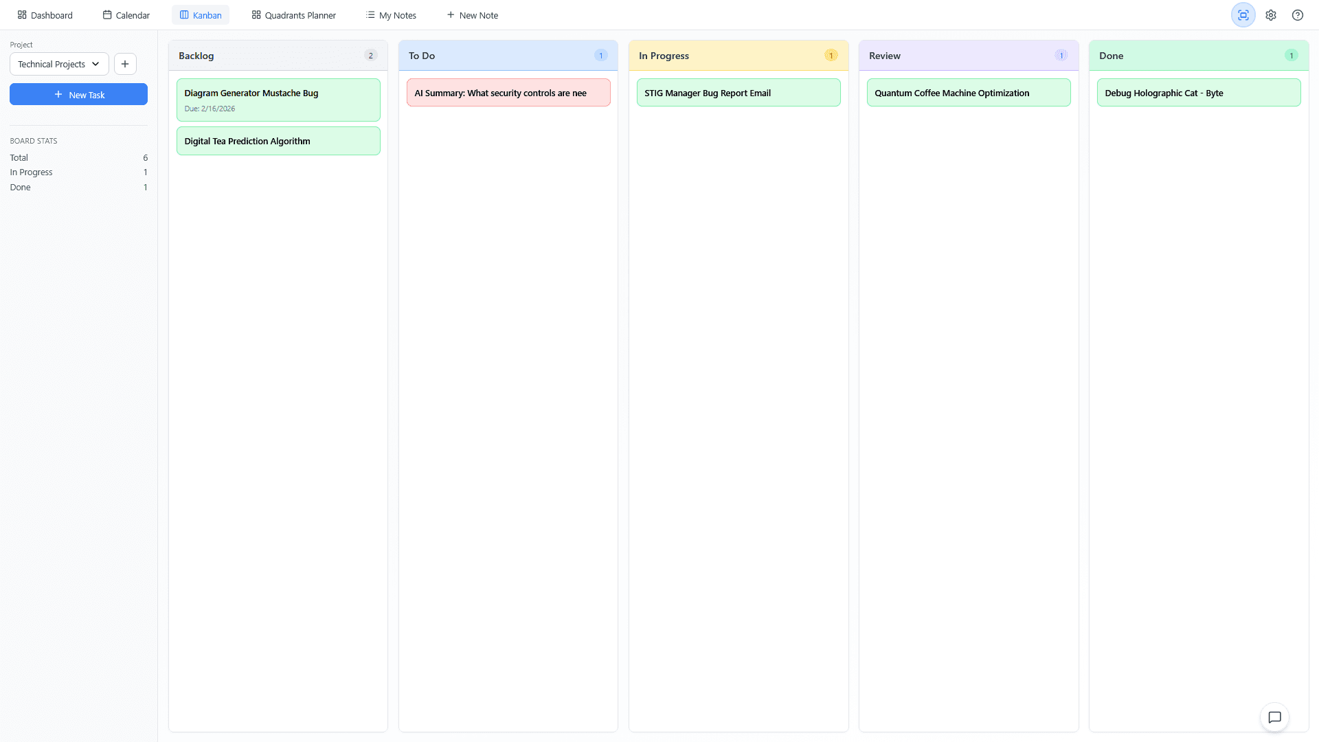 Project Planner kanban board